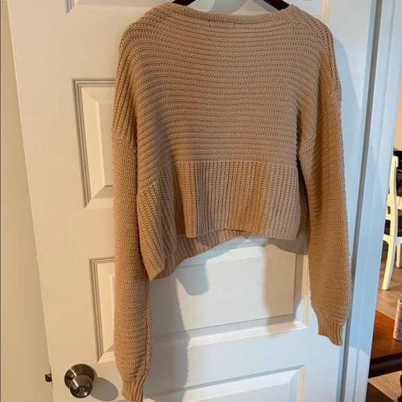 SHEIN Camel V-Neck Button-Up Cropped  Knit Cardigan Sweater - Picture 6 of 6